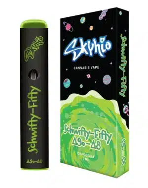 Schwifty Fifty Blend - Delta 9o : Delta 8 - 2ml Disposable Vape - It's time to get schwifty in here! Say hello to Skyhio's newest spin on your favorite cannabinoids, the Schwifty Fifty Blends. With a balanced blend of Delta 9o and Delta 8, this 2ml disposable will leave you feeling out of this world.


 	Long lasting and highly potent
 	Potent Broad Spectrum 95% D9o & D8 oil + 5% terpenes
 	2ml disposable ceramic core vape
 	Derived from USA-grown hemp
 	2018 Farm Bill Compliant: <0.3% Delta 9 THC
