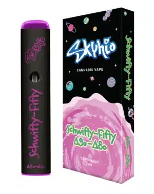 Schwifty Fifty Blend - Delta 9o : Delta 8o - 2ml Disposable Vape - It's time to get schwifty in here! Say hello to Skyhio's newest spin on your favorite cannabinoids, the Schwifty Fifty Blends. With a balanced blend of Delta 9o and Delta 8o, this 2ml disposable will leave you feeling out of this world.


 	Long lasting and highly potent
 	Potent Broad Spectrum 95% D9o & D8o oil + 5% terpenes
 	2ml disposable ceramic core vape
 	Derived from USA-grown hemp
 	2018 Farm Bill Compliant: <0.3% Delta 9 THC