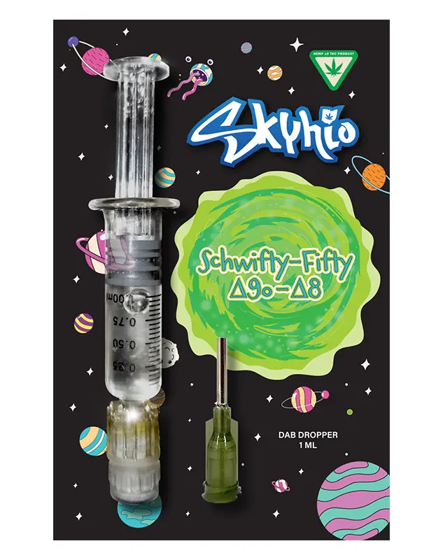 Schwifty Fifty Blend - Delta 9o : Delta 8 - 1ml Dab Dropper - It's time to get schwifty in here! Say hello to Skyhio's newest spin on your favorite cannabinoids, the Schwifty Fifty Blends. With a balanced blend of Delta 9o and Delta 8, this dab dropper will leave you feeling out of this world.

 	Long lasting and highly potent
 	95% balanced oil blend of D9o & D8 + 5% terpenes
 	Tested by an accredited 3rd party lab
 	No VG, PG, PEG, Vitamin E, MCT, or any other cutting agents
 	Derived from USA-grown hemp
 	2018 Farm Bill Compliant: <0.3% Delta 9 THC