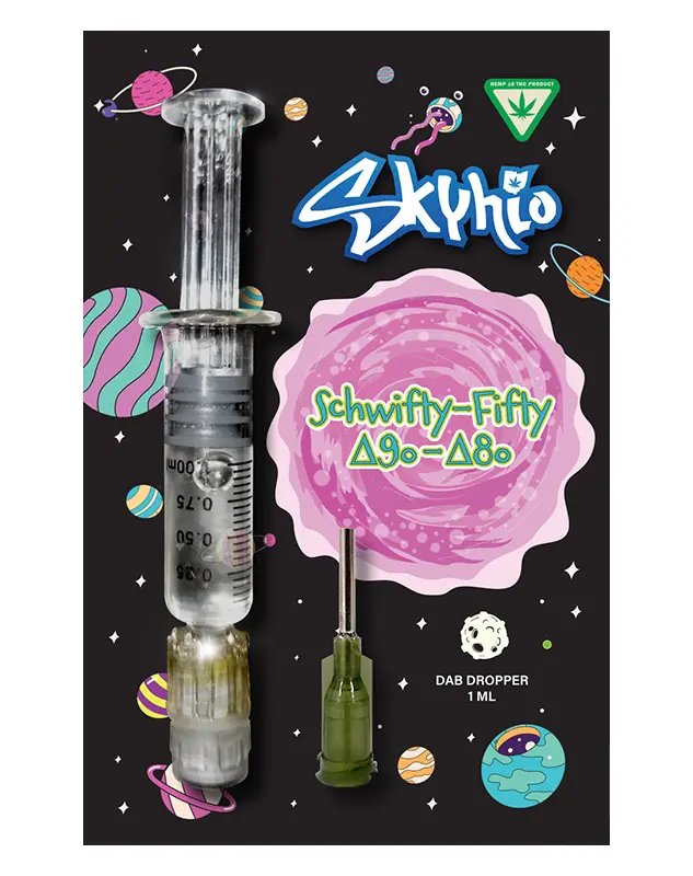 Schwifty Fifty Blend - Delta 9o : Delta 8o - 1ml Dab Dropper - It's time to get schwifty in here! Say hello to Skyhio's newest spin on your favorite cannabinoids, the Schwifty Fifty Blends. With a balanced blend of Delta 9o and Delta 8o, this dab dropper will leave you feeling out of this world.

 	Long lasting and highly potent
 	95% balanced oil blend of D9o & D8o + 5% terpenes
 	Tested by an accredited 3rd party lab
 	No VG, PG, PEG, Vitamin E, MCT, or any other cutting agents
 	Derived from USA-grown hemp
 	2018 Farm Bill Compliant: <0.3% Delta 9 THC