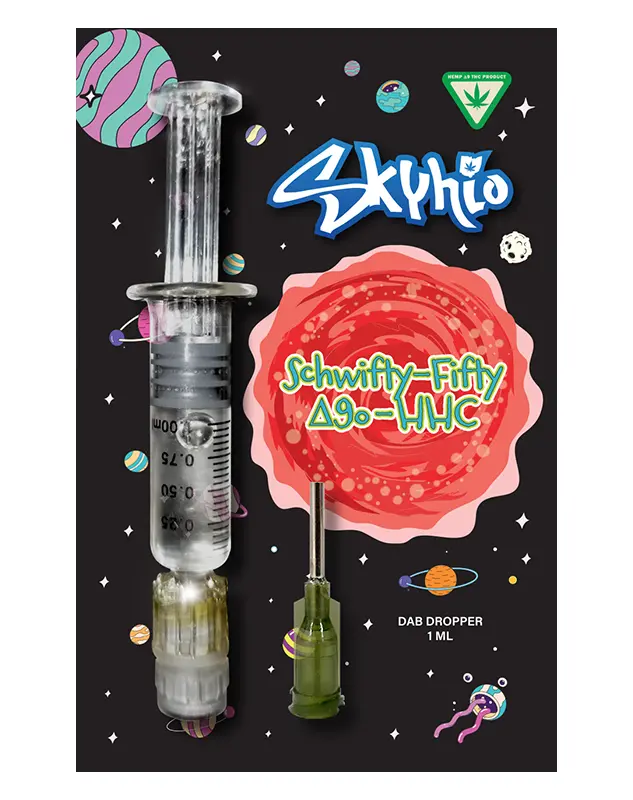Schwifty Fifty Blend Dab Dropper - 1ml - It's time to get schwifty in here! Say hello to Skyhio's newest spin on your favorite cannabinoids, the Schwifty Fifty Blends. With a balanced blend of D9o/D8, D9o/D8o, or D9o/HHC, this dab dropper will leave you feeling out of this world.


 	Long lasting and highly potent
 	95% balanced oil blend + 5% terpenes
 	Tested by an accredited 3rd party lab
 	No VG, PG, PEG, Vitamin E, MCT, or any other cutting agents
 	Derived from USA-grown hemp
 	2018 Farm Bill Compliant: <0.3% Delta 9 THC