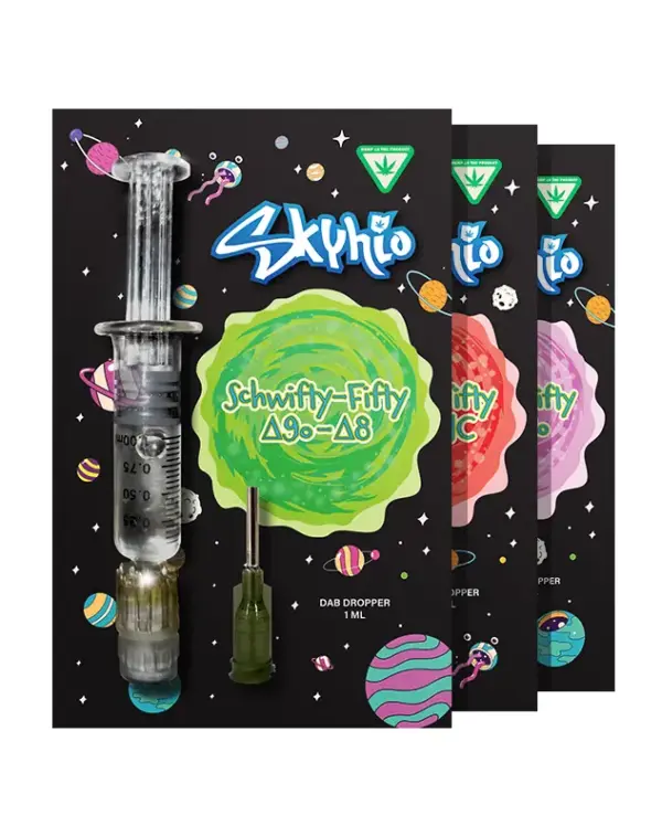 Schwifty Fifty Blend Dab Dropper - 1ml - It's time to get schwifty in here! Say hello to Skyhio's newest spin on your favorite cannabinoids, the Schwifty Fifty Blends. With a balanced blend of D9o/D8, D9o/D8o, or D9o/HHC, this dab dropper will leave you feeling out of this world. Long lasting and highly potent 95% balanced oil blend + 5% terpenes Tested by an accredited 3rd party lab No VG, PG, PEG, Vitamin E, MCT, or any other cutting agents Derived from USA-grown hemp 2018 Farm Bill Compliant: <0.3% Delta 9 THC